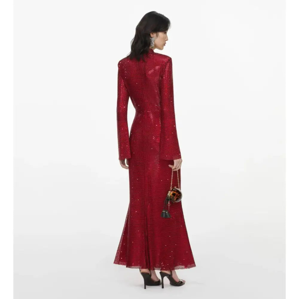 Self-Portrait Red Rhinestone Mesh Twist Midi Dress