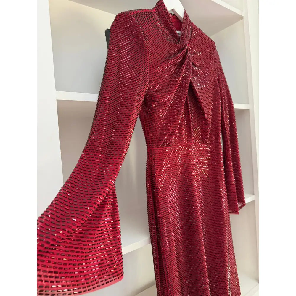 Self-Portrait Red Rhinestone Mesh Twist Midi Dress