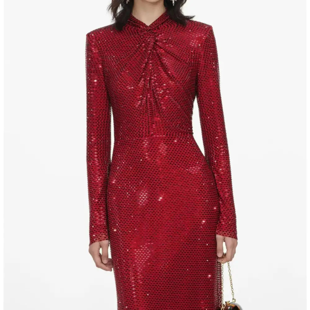 Self-Portrait Red Rhinestone Mesh Twist Midi Dress