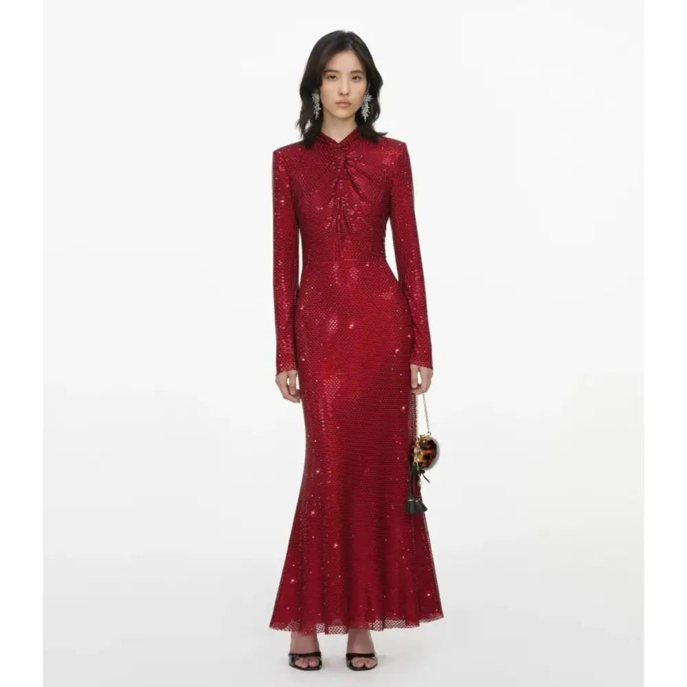 Self-Portrait Red Rhinestone Mesh Twist Midi Dress
