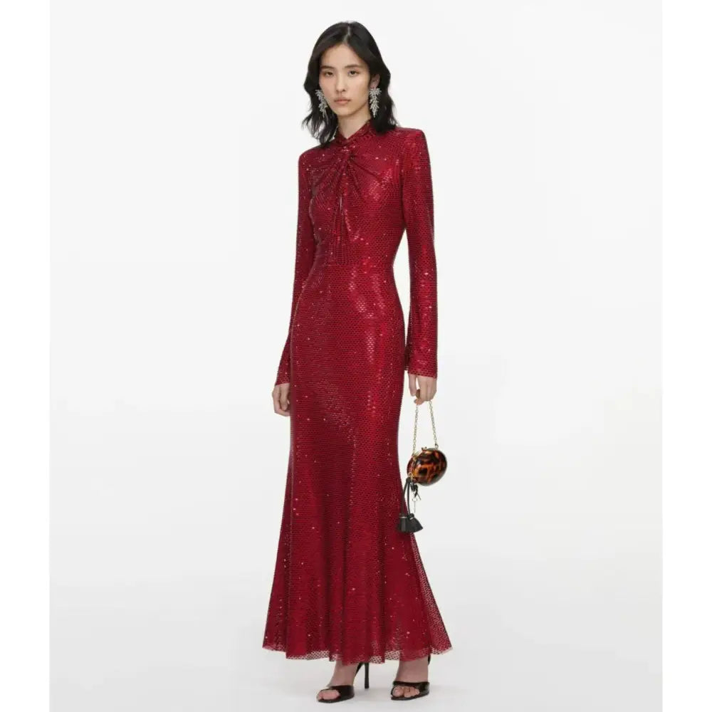 Self-Portrait Red Rhinestone Mesh Twist Midi Dress