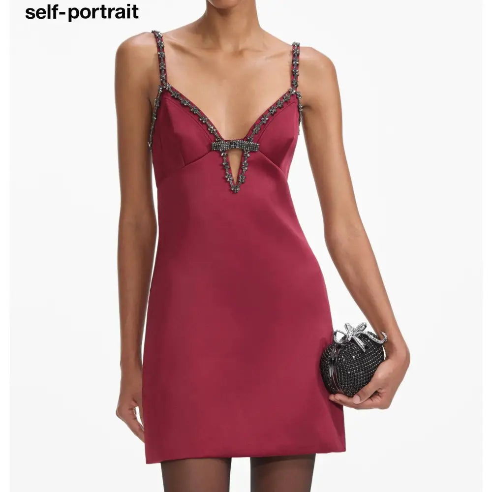 self-portrait Satin Strappy Mini Dress in Burgundy - 4 - Dress