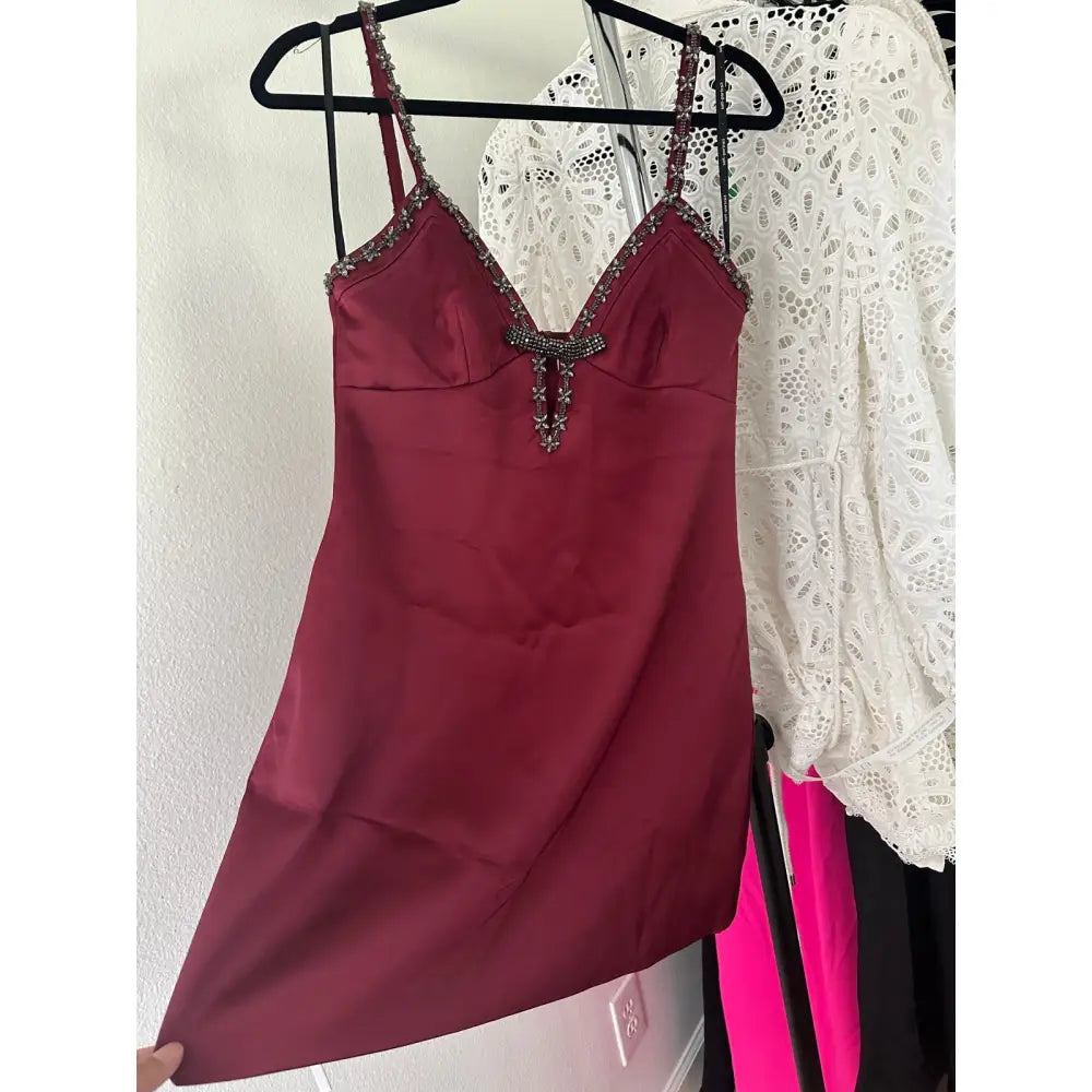 self-portrait Satin Strappy Mini Dress in Burgundy - 4 - Dress