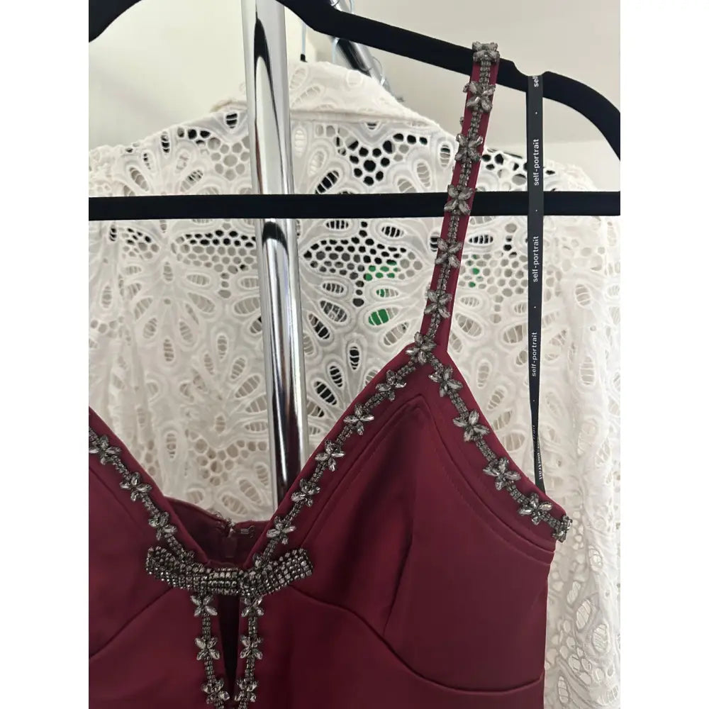 self-portrait Satin Strappy Mini Dress in Burgundy - 4 - Dress