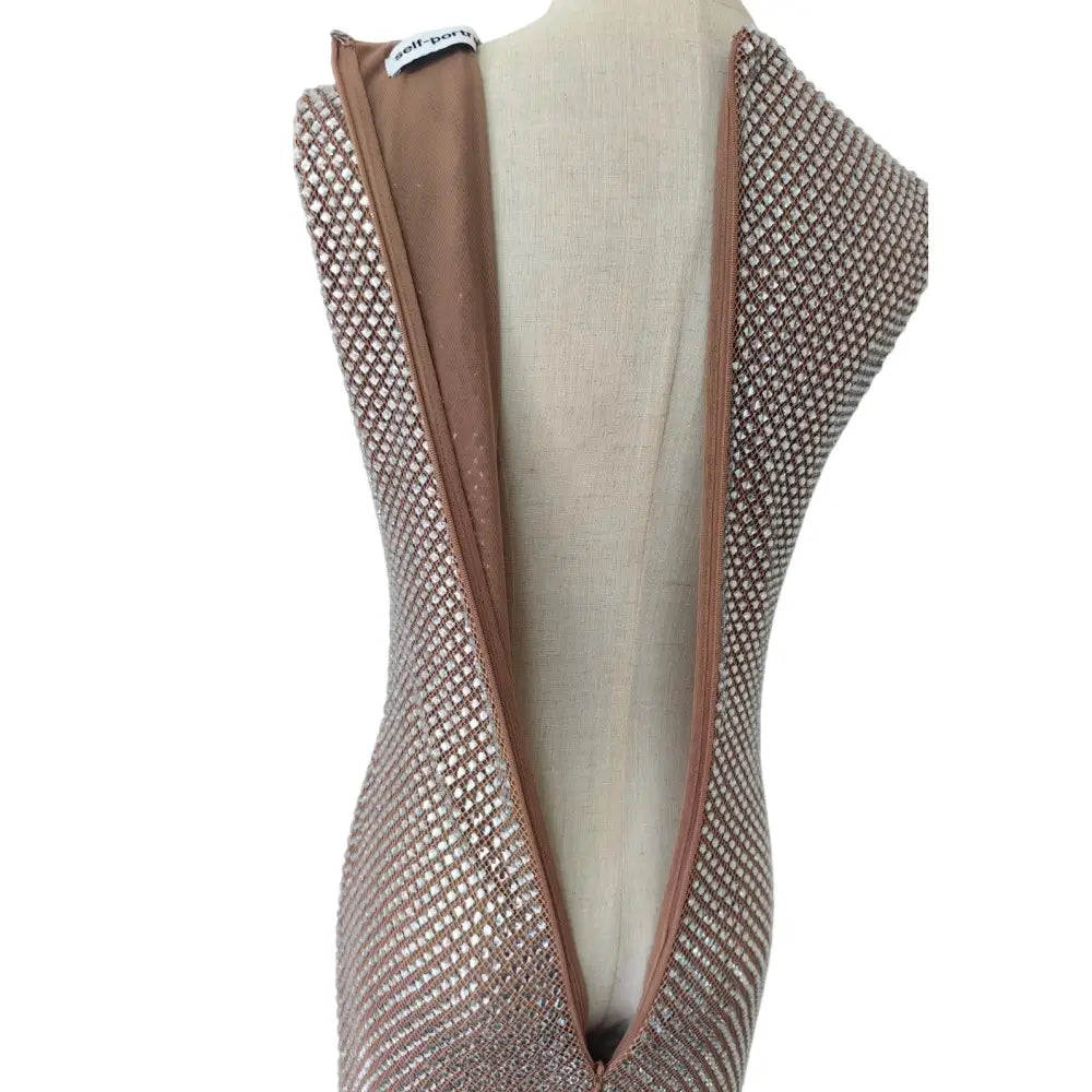 Self-Portrait Silver Rhinestone Mesh Midi Dress