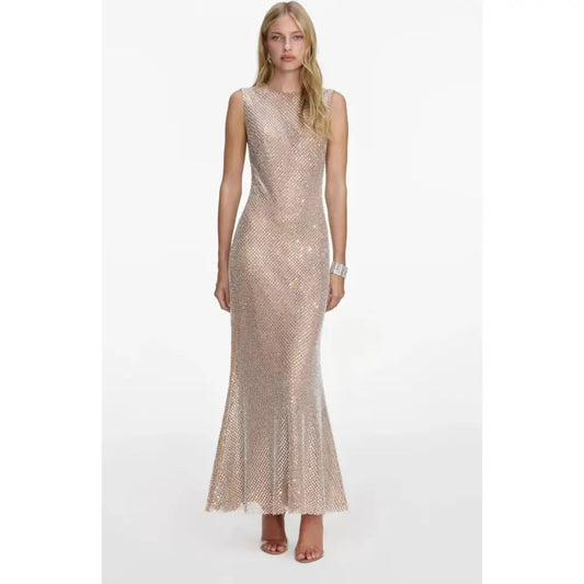 Self-Portrait Silver Rhinestone Mesh Midi Dress
