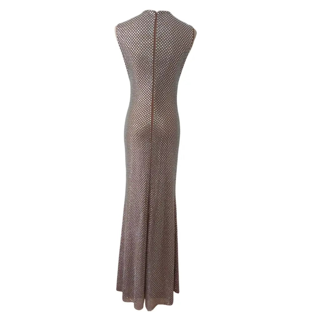 Self-Portrait Silver Rhinestone Mesh Midi Dress