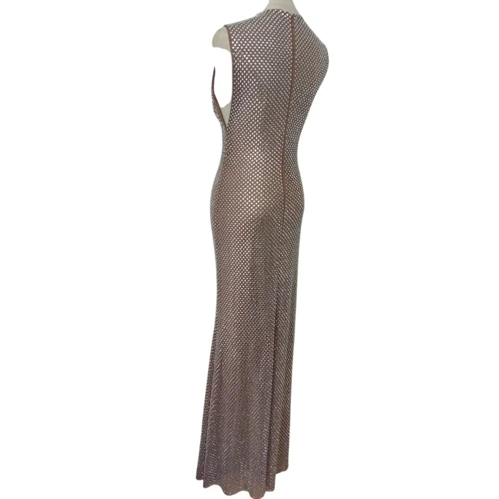 Self-Portrait Silver Rhinestone Mesh Midi Dress