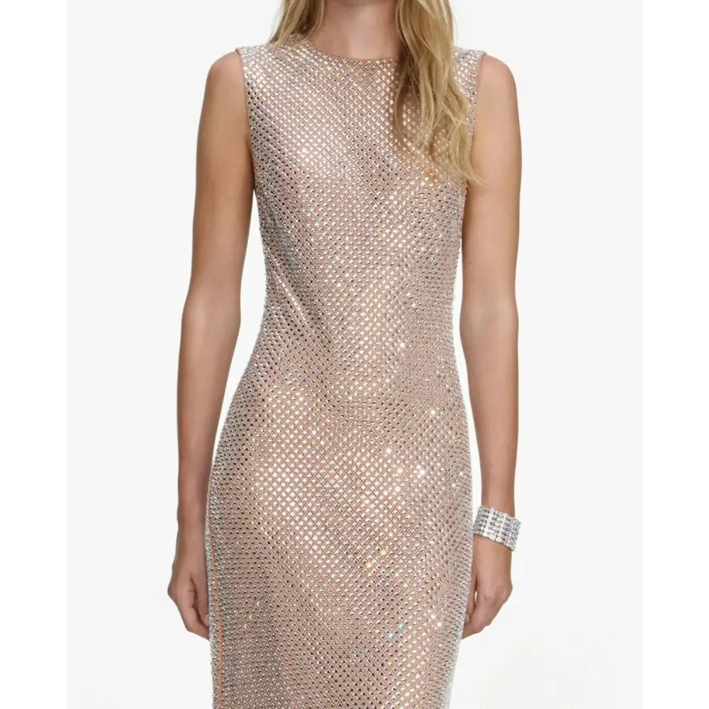 Self-Portrait Silver Rhinestone Mesh Midi Dress