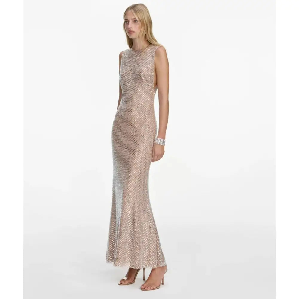 Self-Portrait Silver Rhinestone Mesh Midi Dress