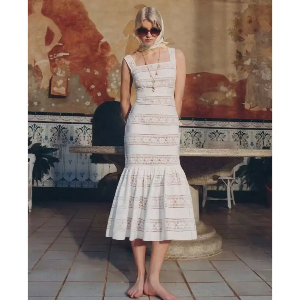 Self Portrait White Cotton Embroidered Midi Dress - Dress