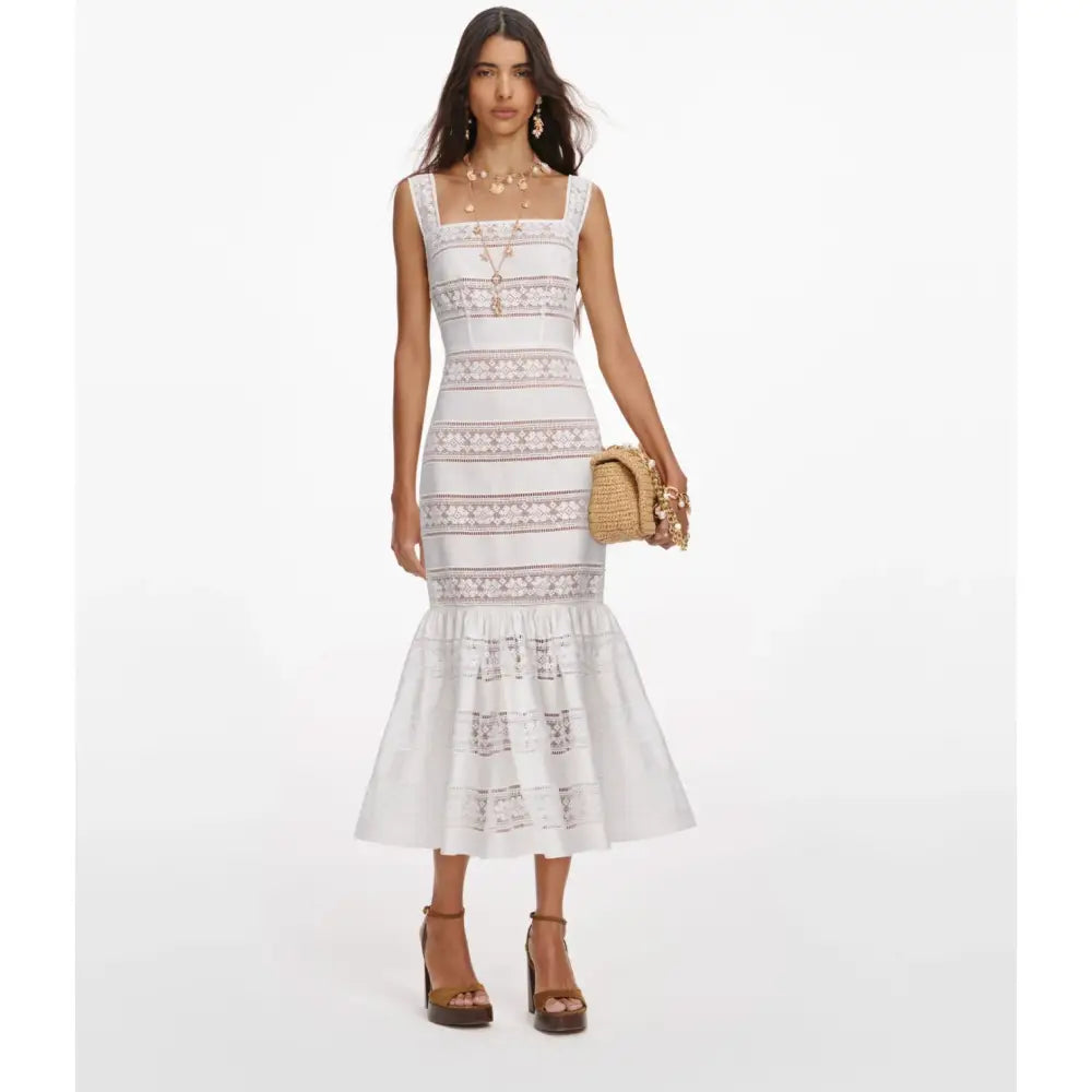 Self Portrait White Cotton Embroidered Midi Dress - Dress