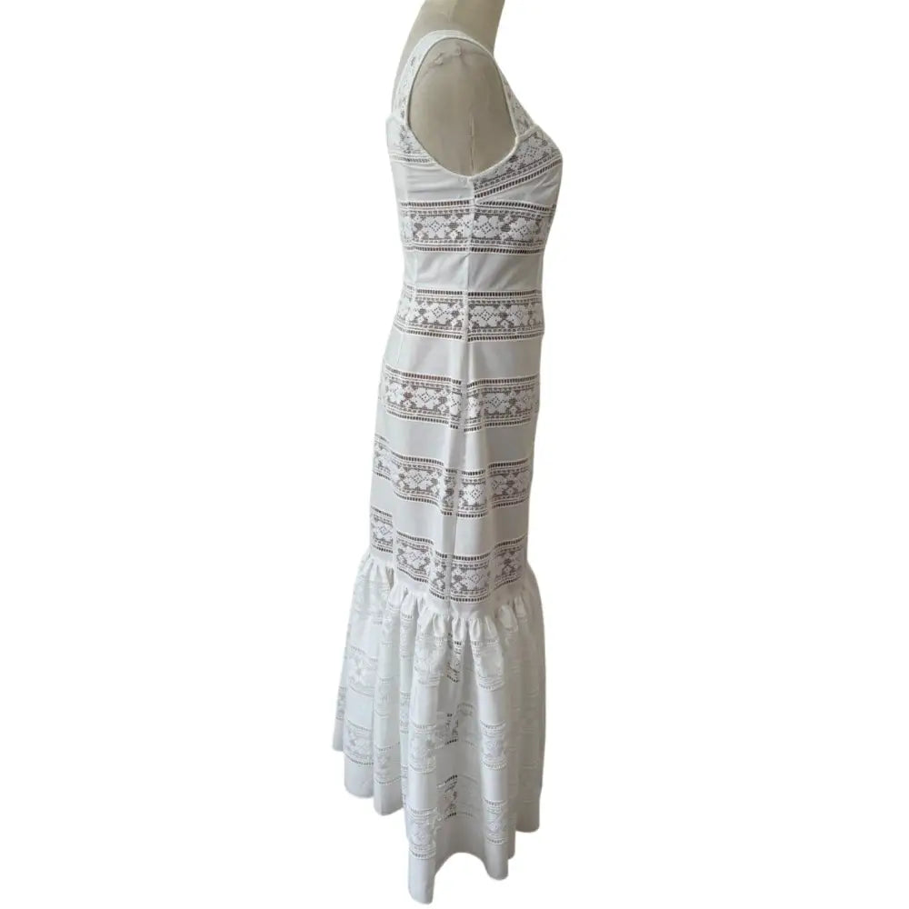 Self Portrait White Cotton Embroidered Midi Dress - Dress