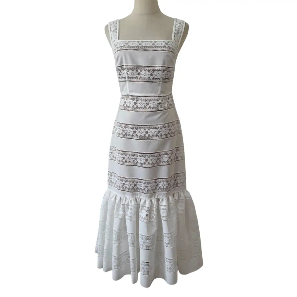 Self Portrait White Cotton Embroidered Midi Dress - Dress