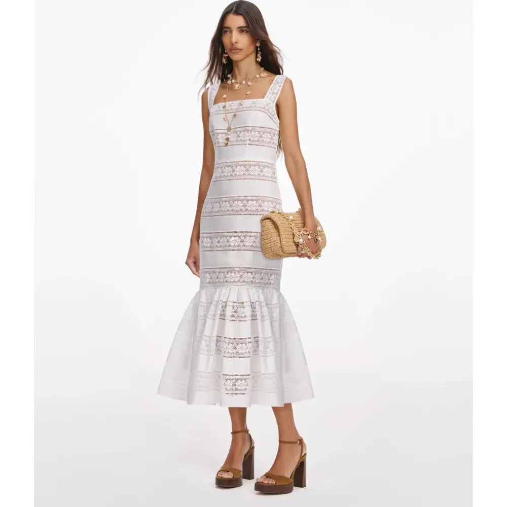 Self Portrait White Cotton Embroidered Midi Dress - Dress
