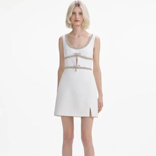 SELF PORTRAIT White Diamante Bow Trim Mini Dress - Self - Portrait Bernardi Collective