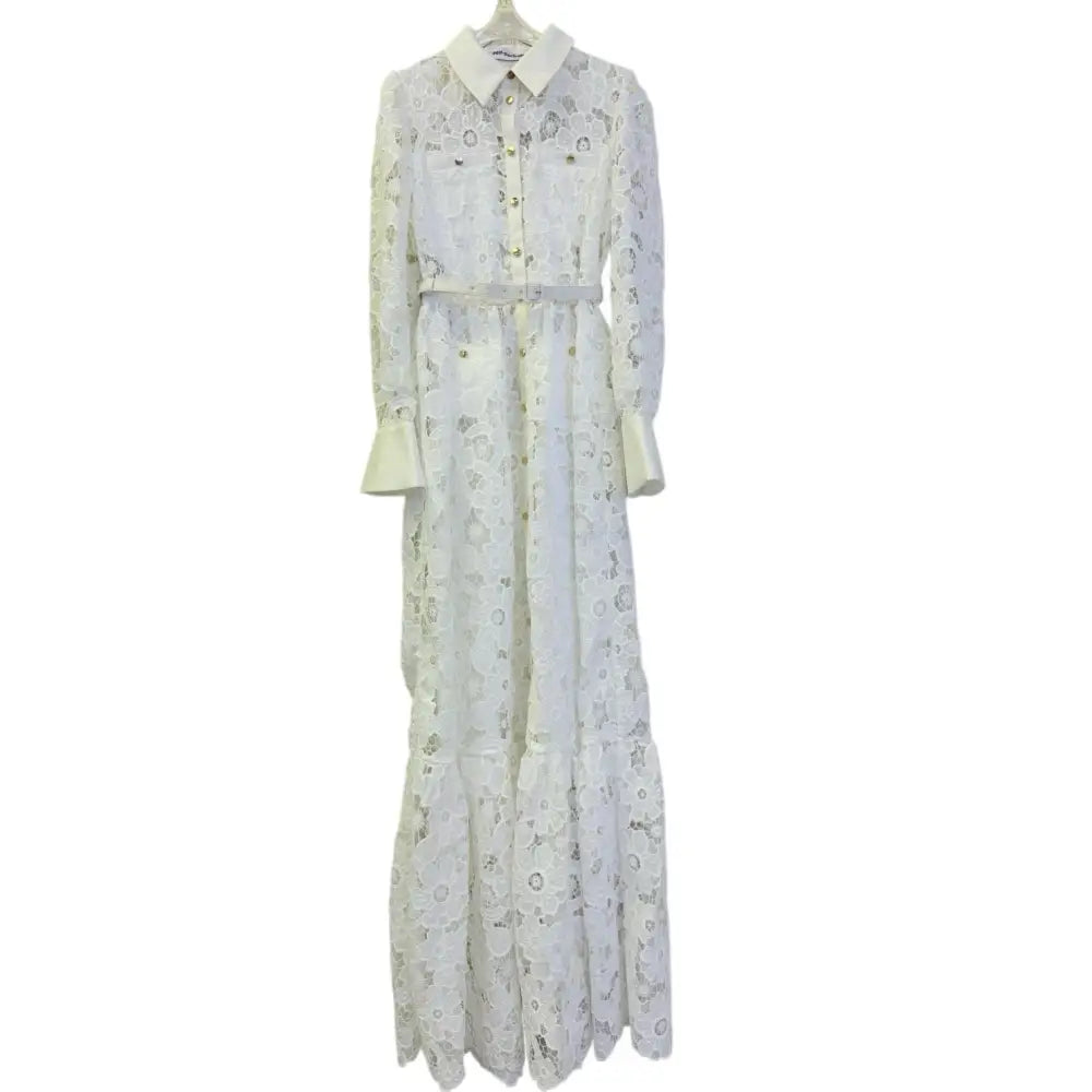 Self Portrait White Lace Collared Maxi Dress - Dress