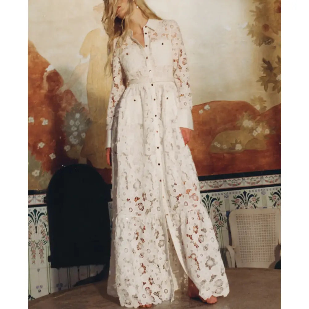 Self Portrait White Lace Collared Maxi Dress - Dress