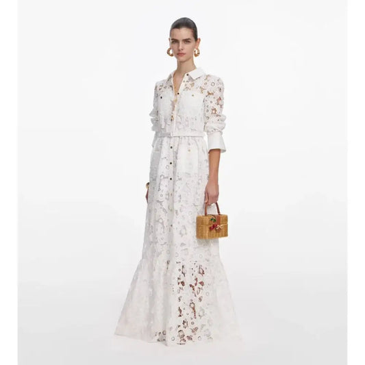 Self Portrait White Lace Collared Maxi Dress - Dress