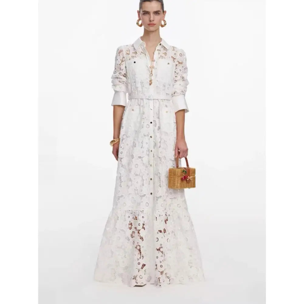 Self Portrait White Lace Collared Maxi Dress - Dress