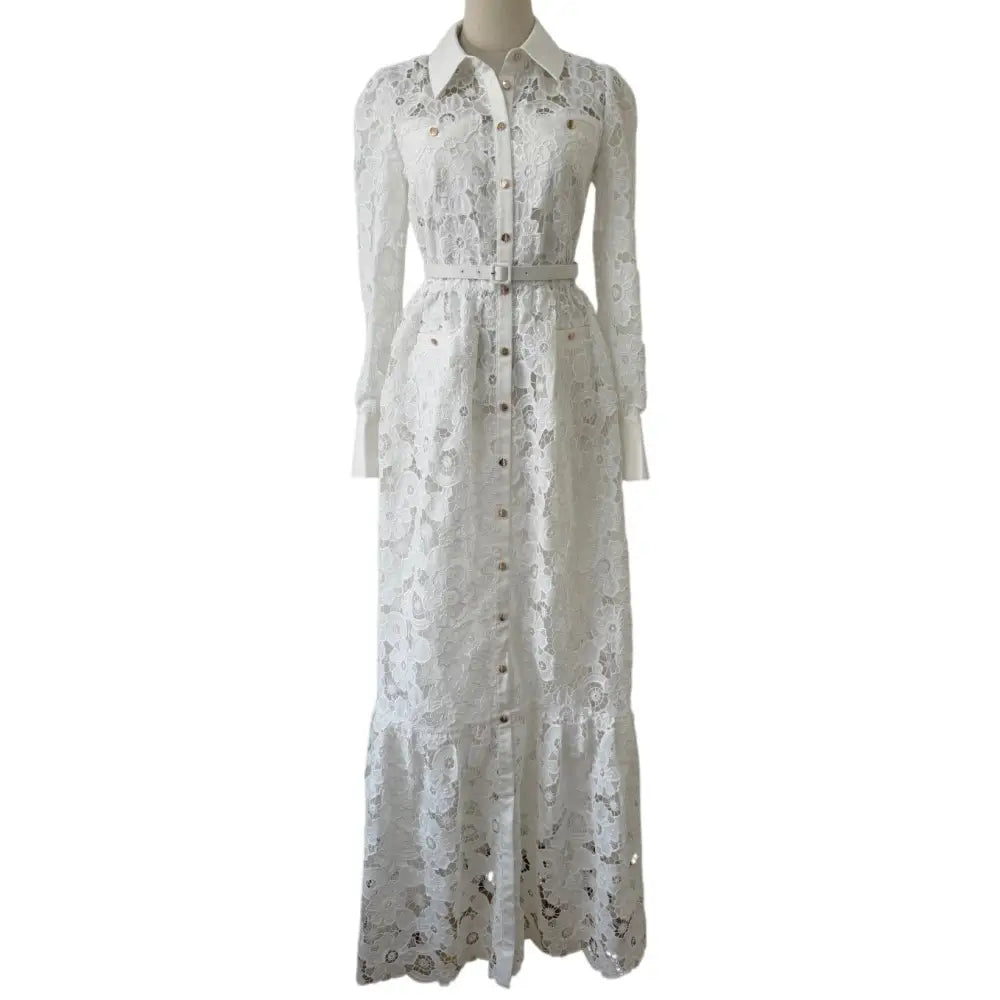 Self Portrait White Lace Collared Maxi Dress - Dress
