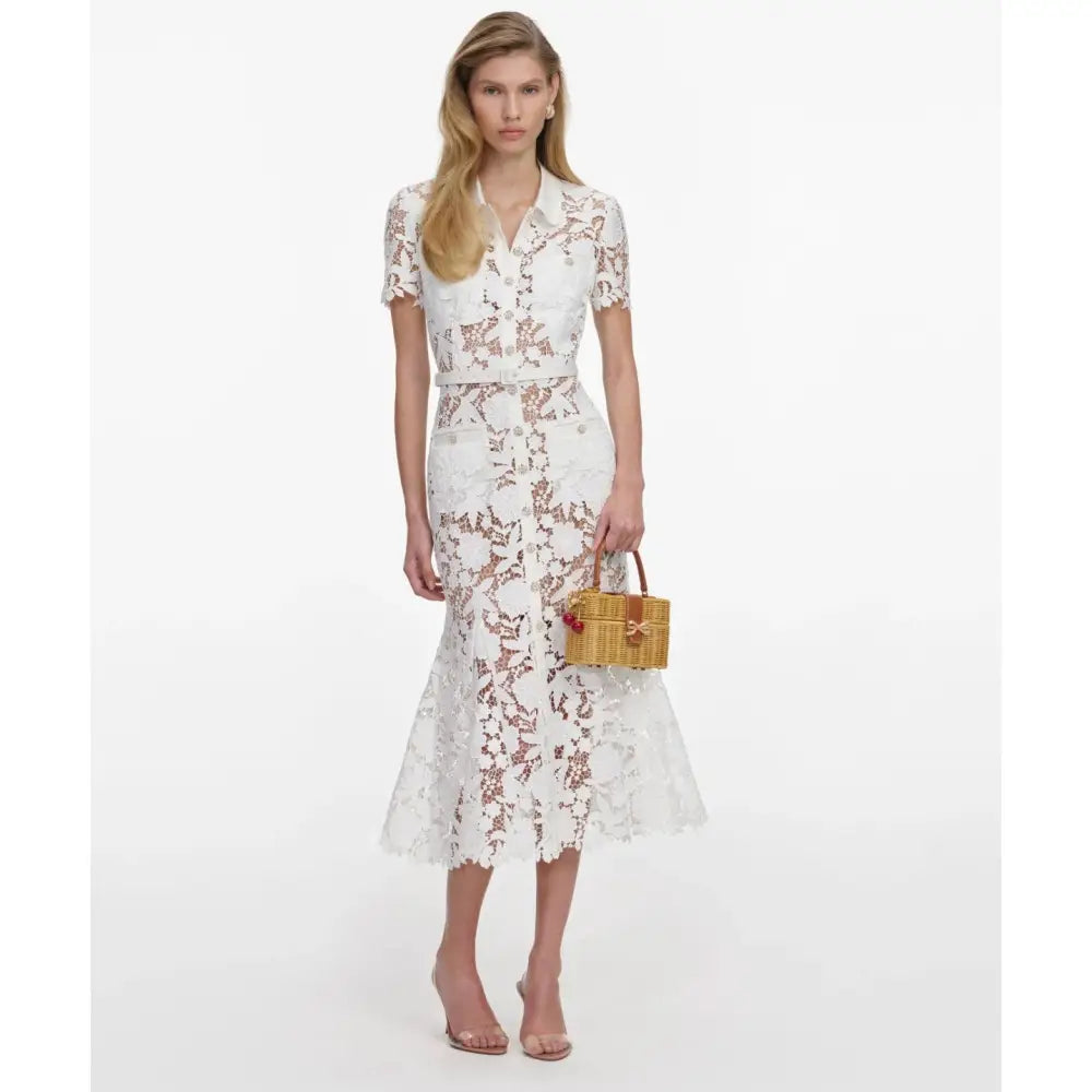 Self-Portrait White Lace Collared Midi Dress - 2 - Dress