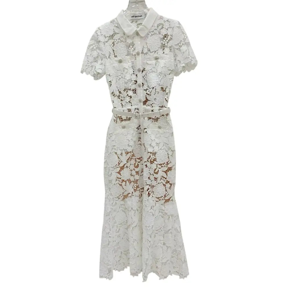 Self-Portrait White Lace Collared Midi Dress - Dress