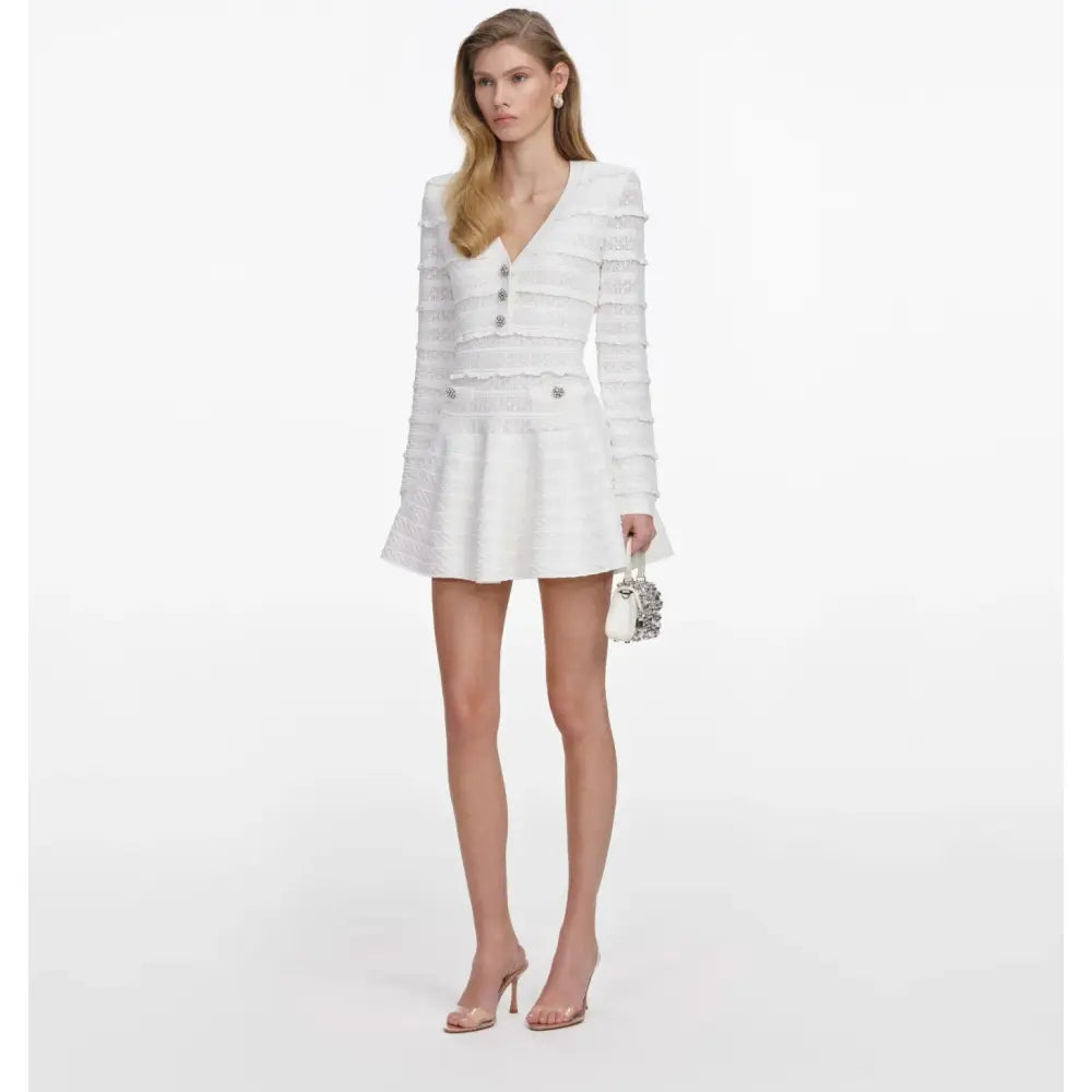 Self-Portrait White Pointelle Diamante Knit Mini Dress - Dress