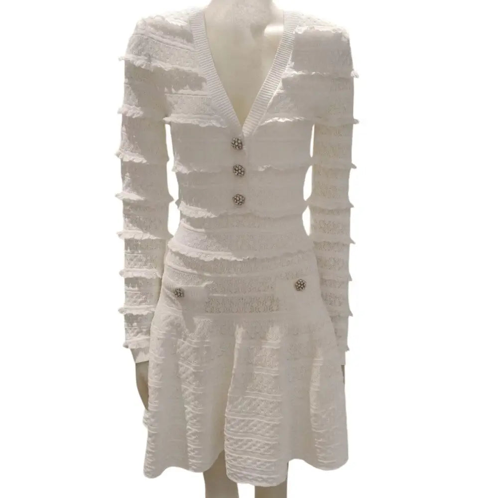 Self-Portrait White Pointelle Diamante Knit Mini Dress - Dress