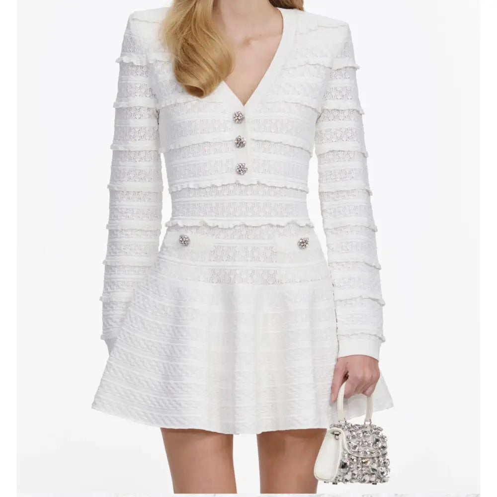Self-Portrait White Pointelle Diamante Knit Mini Dress - Dress