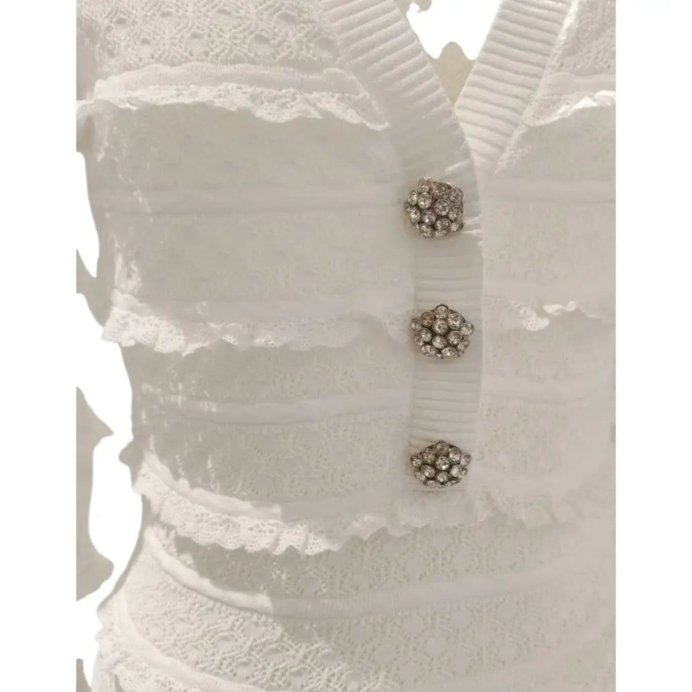 Self-Portrait White Pointelle Diamante Knit Mini Dress - Dress