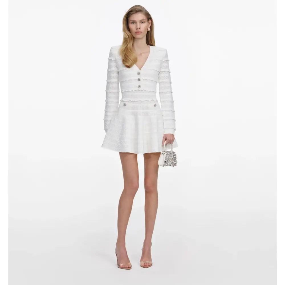 Self-Portrait White Pointelle Diamante Knit Mini Dress - Dress