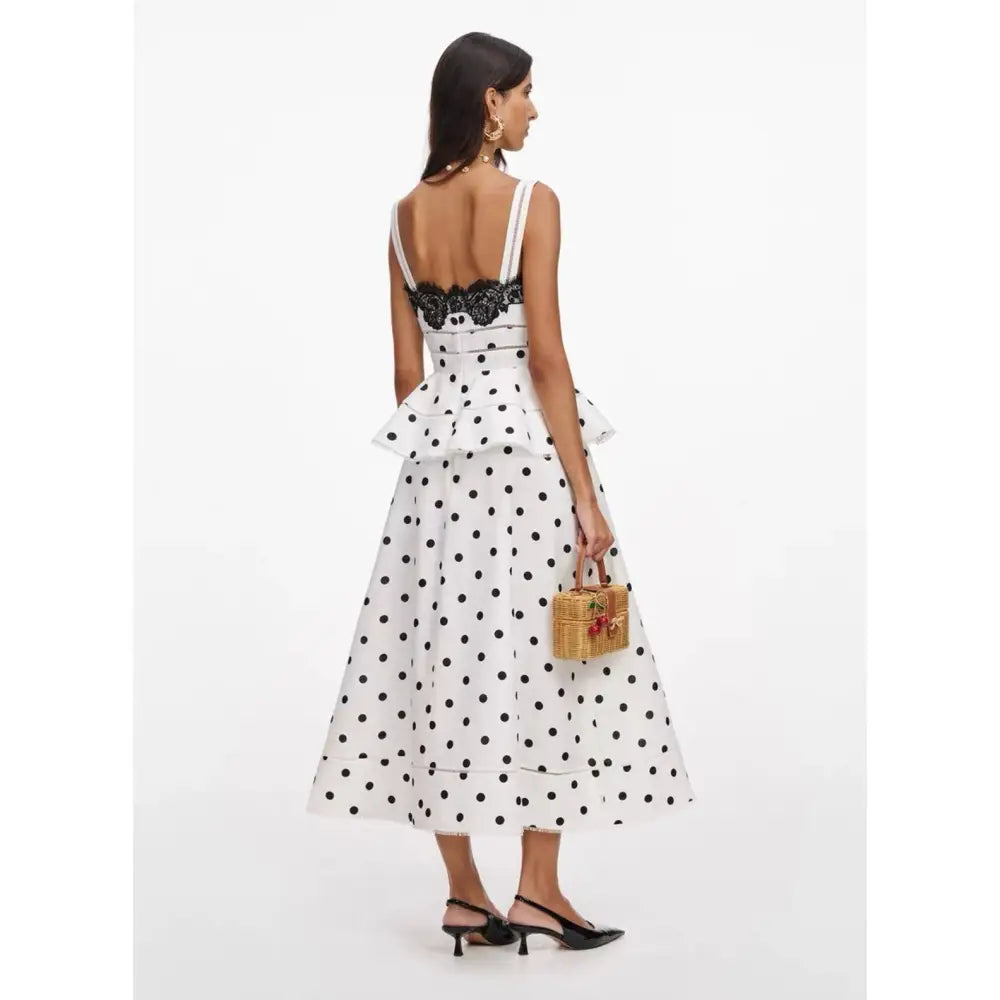 Self-Portrait White Polka Dot Linen Midi Dress - Dress