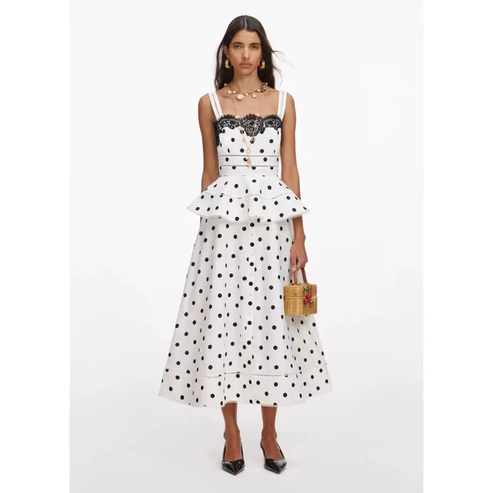 Self-Portrait White Polka Dot Linen Midi Dress - Dress