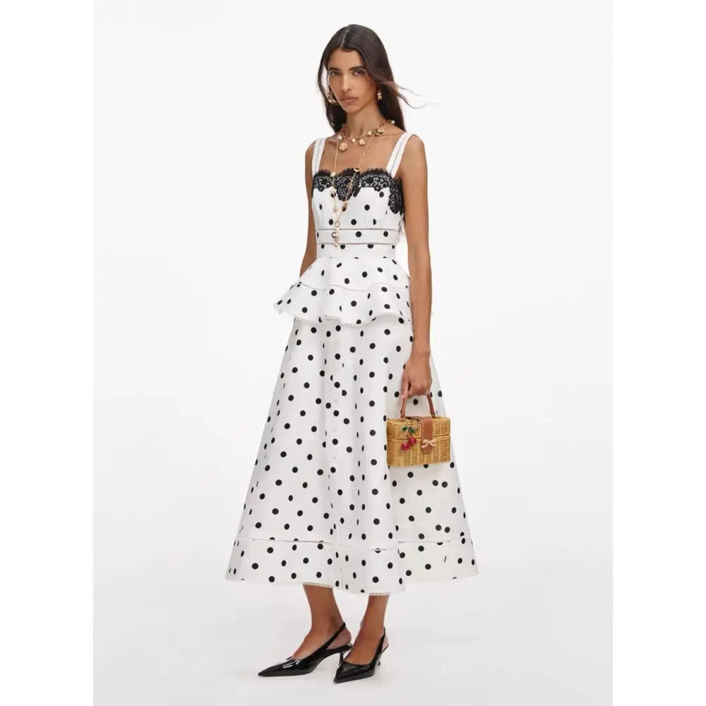 Self-Portrait White Polka Dot Linen Midi Dress - Dress
