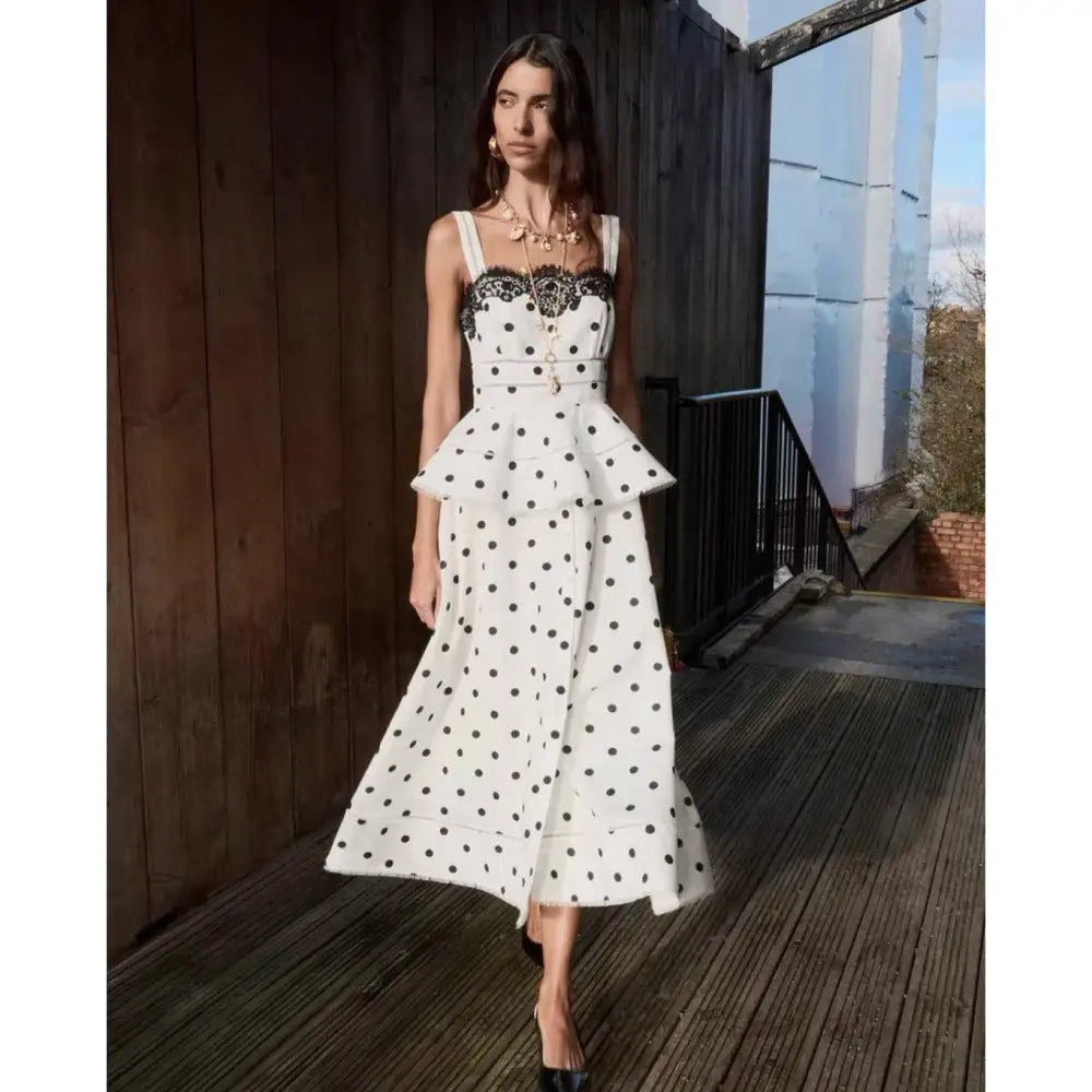 Self-Portrait White Polka Dot Linen Midi Dress - Dress