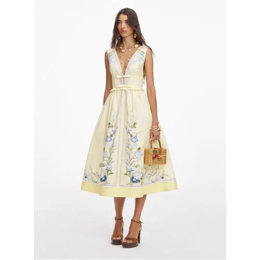Self-Portrait Yellow Floral Cotton Midi Dress - Dress