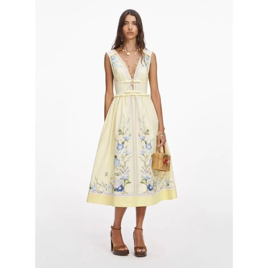 Self-Portrait Yellow Floral Cotton Midi Dress - Dress