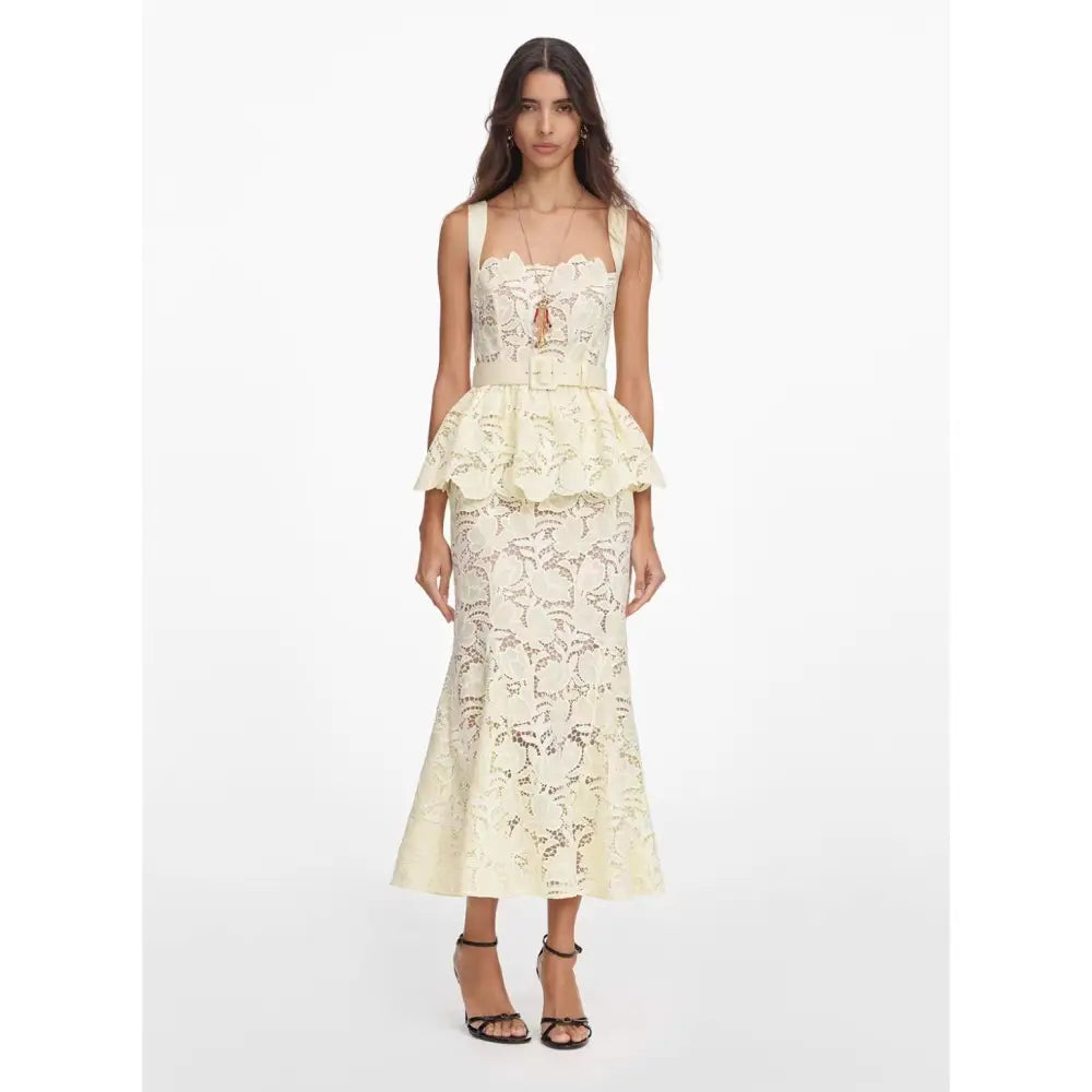 Self-Portrait Yellow Lace Peplum Midi Dress - Dress