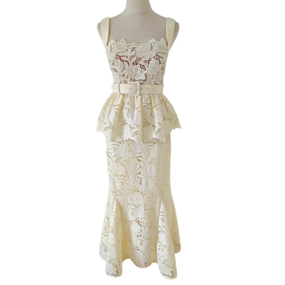 Self-Portrait Yellow Lace Peplum Midi Dress - Dress