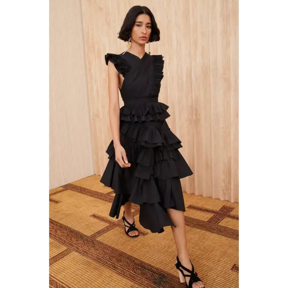 Ulla Johnson Aurore Dress Black Ruffle Midi Dress - Dress