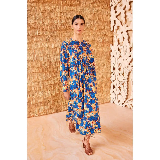 Ulla Johnson Palma Blue Orange Floral Long Sleeve Dress | Cotton Midi