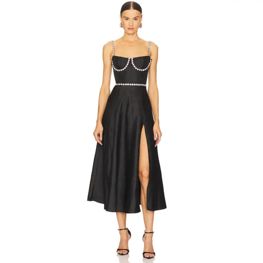 V. Chapman Cora Corset Midi Dress in Black Windsor Brocade