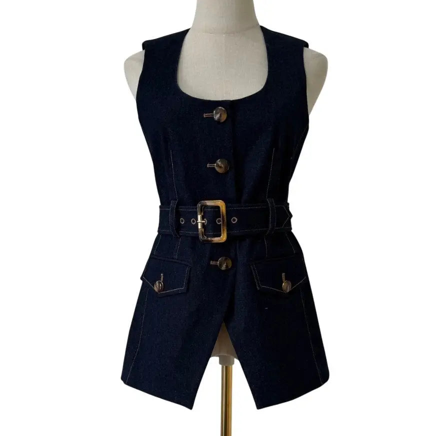 Veronica Beard Becker Stretch-Denim Belted Vest