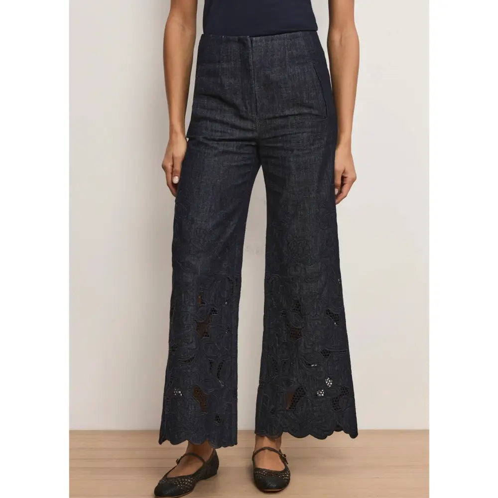 Veronica Beard Osborne Wide-Leg Eyelet Pant Navy Chambray Scalloped-Hem Pant - Bottoms
