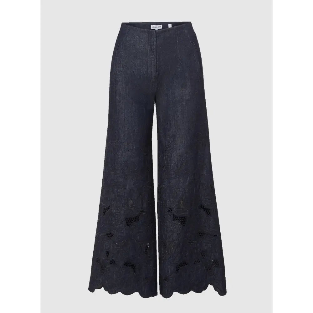 Veronica Beard Osborne Wide-Leg Eyelet Pant Navy Chambray Scalloped-Hem Pant - Bottoms