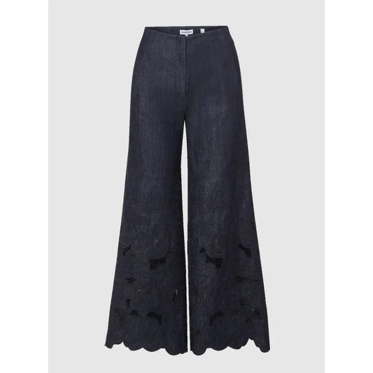 Veronica Beard Osborne Wide-Leg Eyelet Pant Navy Chambray Scalloped-Hem Pant - Bottoms
