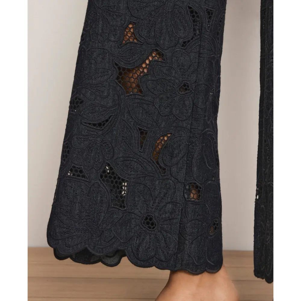 Veronica Beard Osborne Wide-Leg Eyelet Pant Navy Chambray Scalloped-Hem Pant - Bottoms