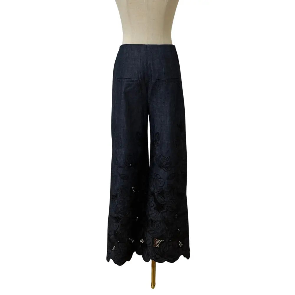 Veronica Beard Osborne Wide-Leg Eyelet Pant Navy Chambray Scalloped-Hem Pant - Bottoms