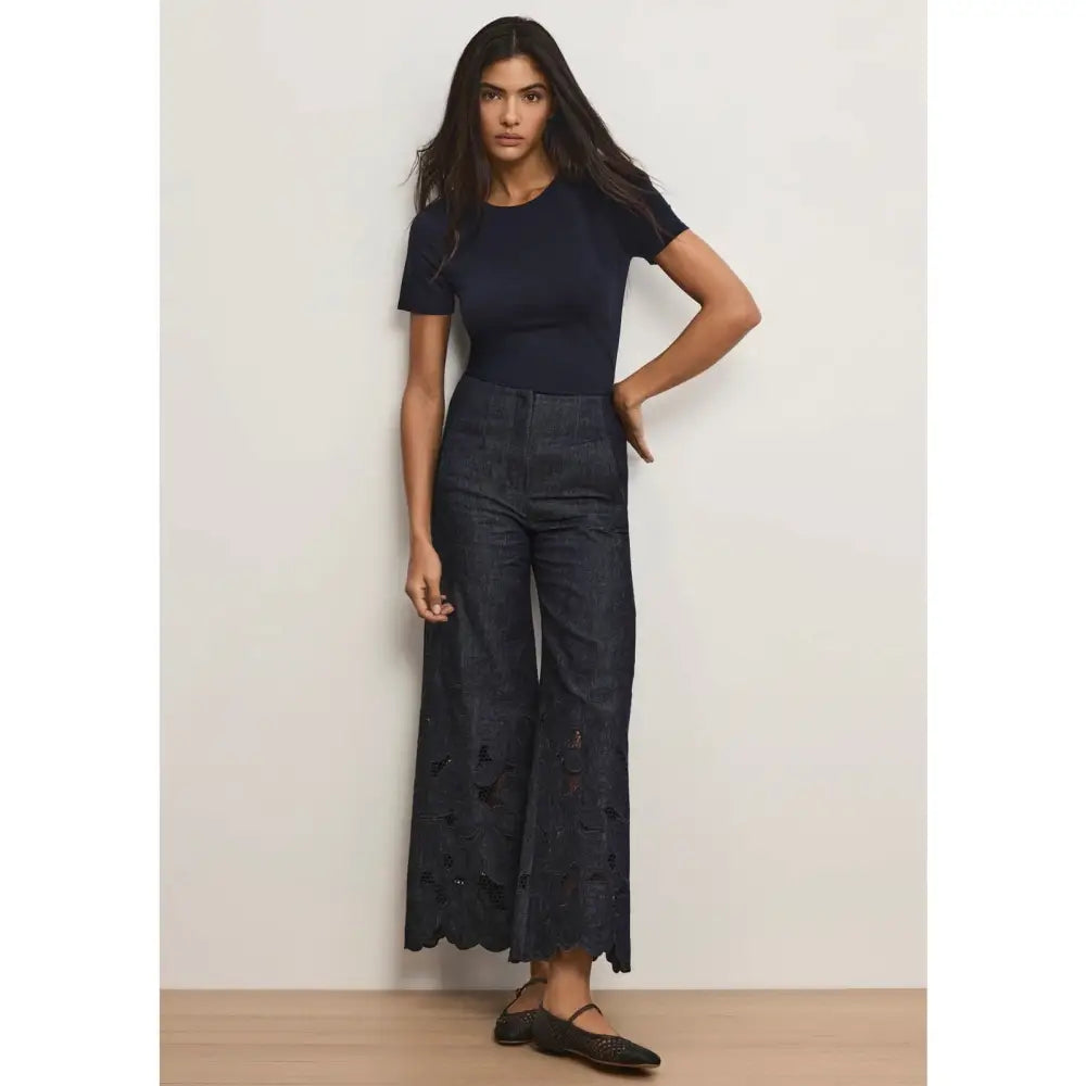 Veronica Beard Osborne Wide-Leg Eyelet Pant Navy Chambray Scalloped-Hem Pant - Bottoms